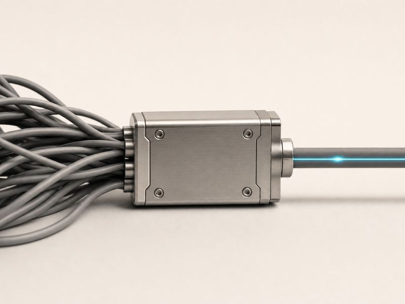 Tangled cables entering a brushed-steel module and leaving as one clean cyan line