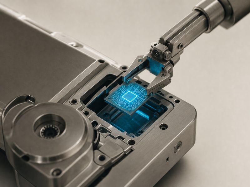A precision tool arm fitting a glowing cyan circuit module into a machined housing