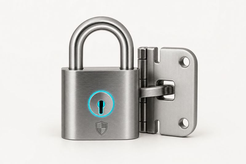 A locked machined-steel padlock with a glowing cyan keyway