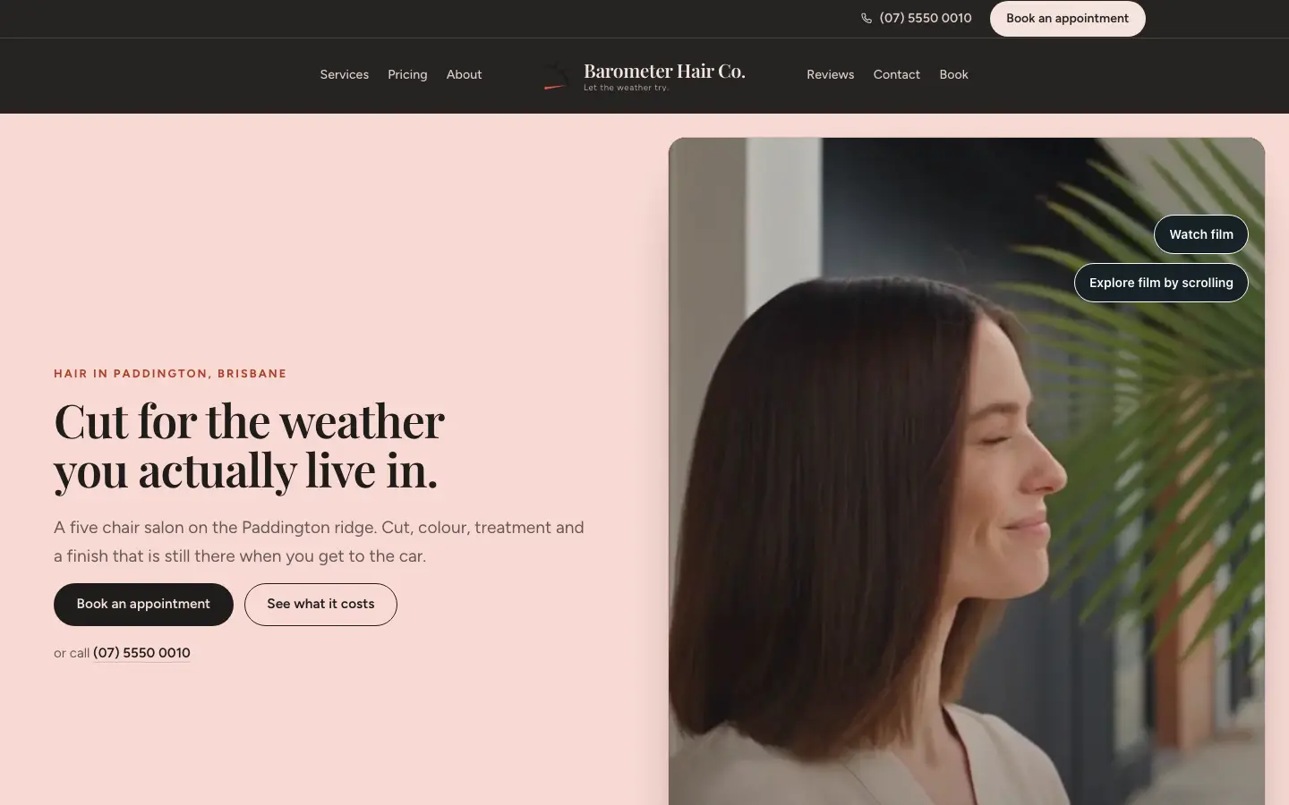 Barometer Hair Co. website, home page, desktop