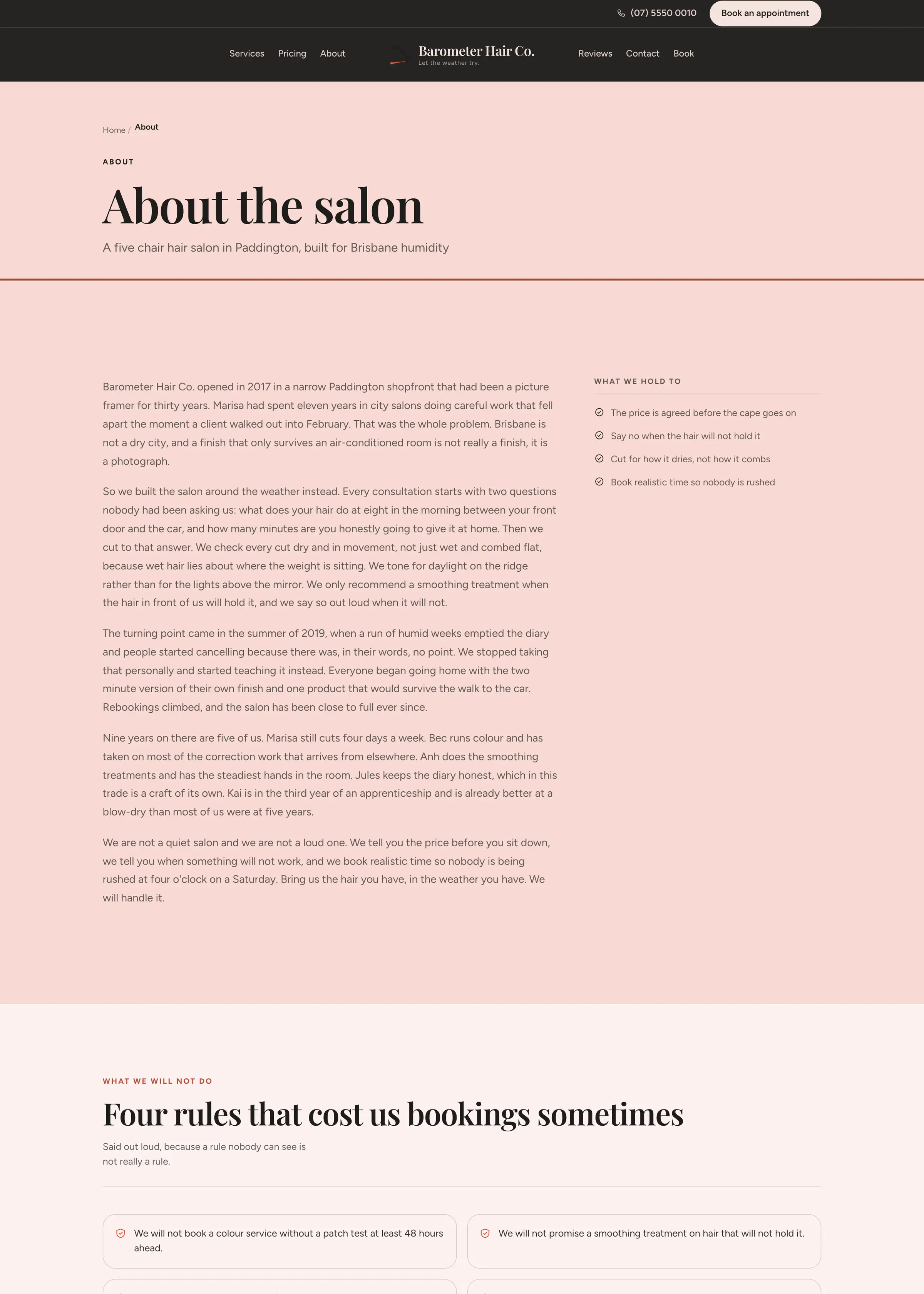 Barometer Hair Co. website, an inner page, desktop
