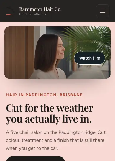 Barometer Hair Co. website, home page, mobile