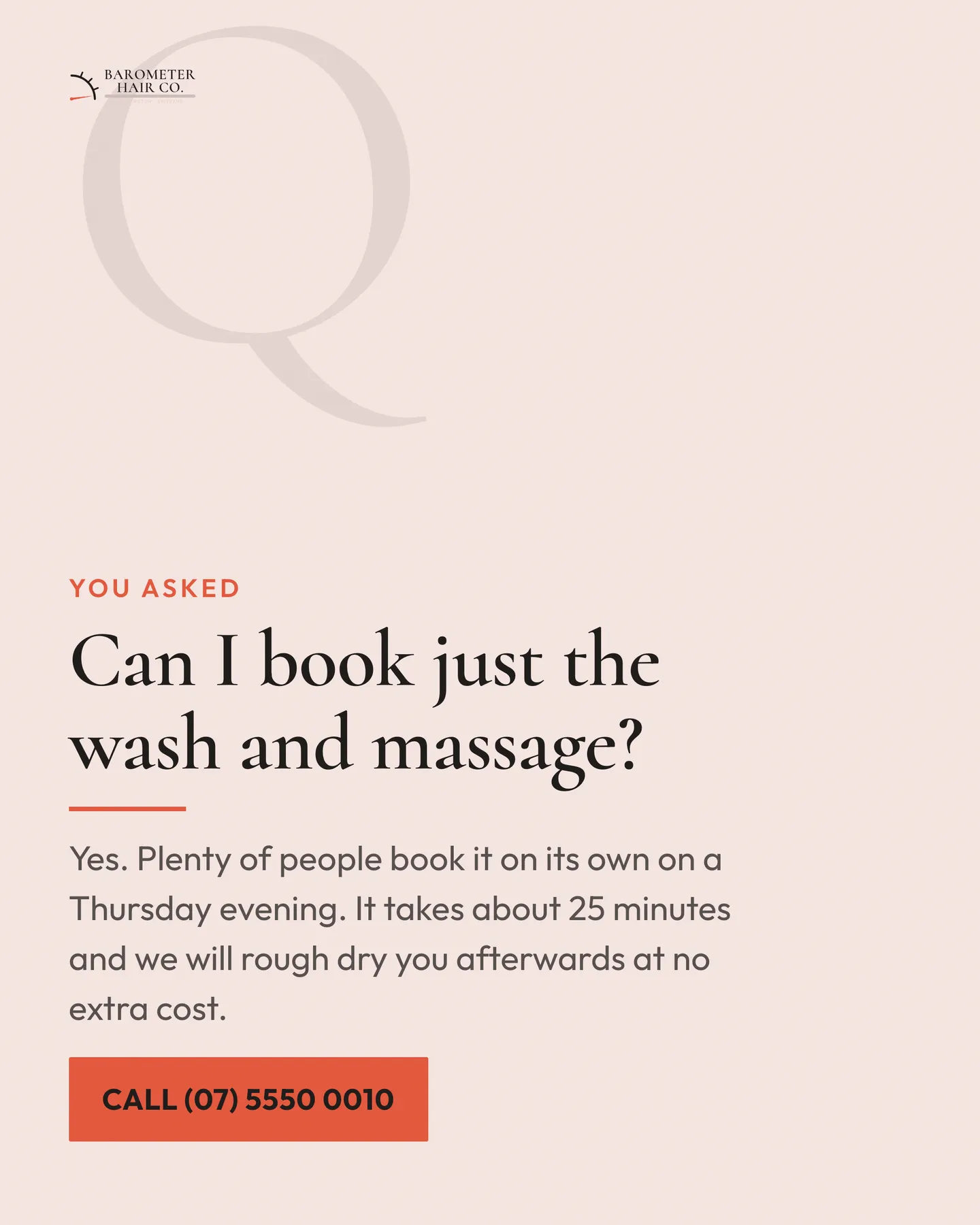 Barometer Hair Co. social post: Can I book just the wash and massage? Yes. Plenty of people book it on its own on a Thursday evening. It takes about 25 minutes and we will…