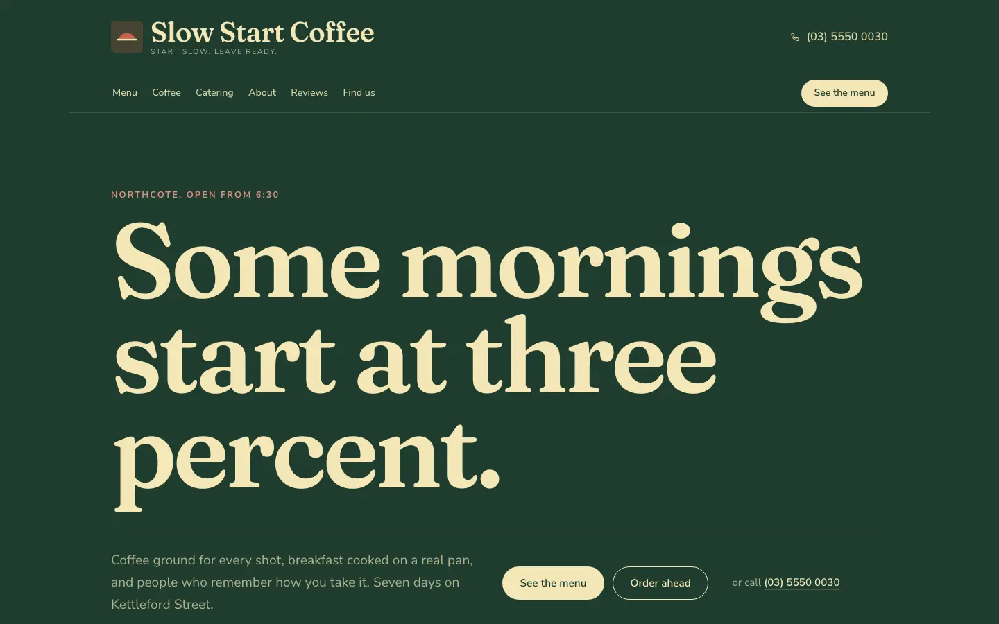 Slow Start Coffee website, home page, desktop