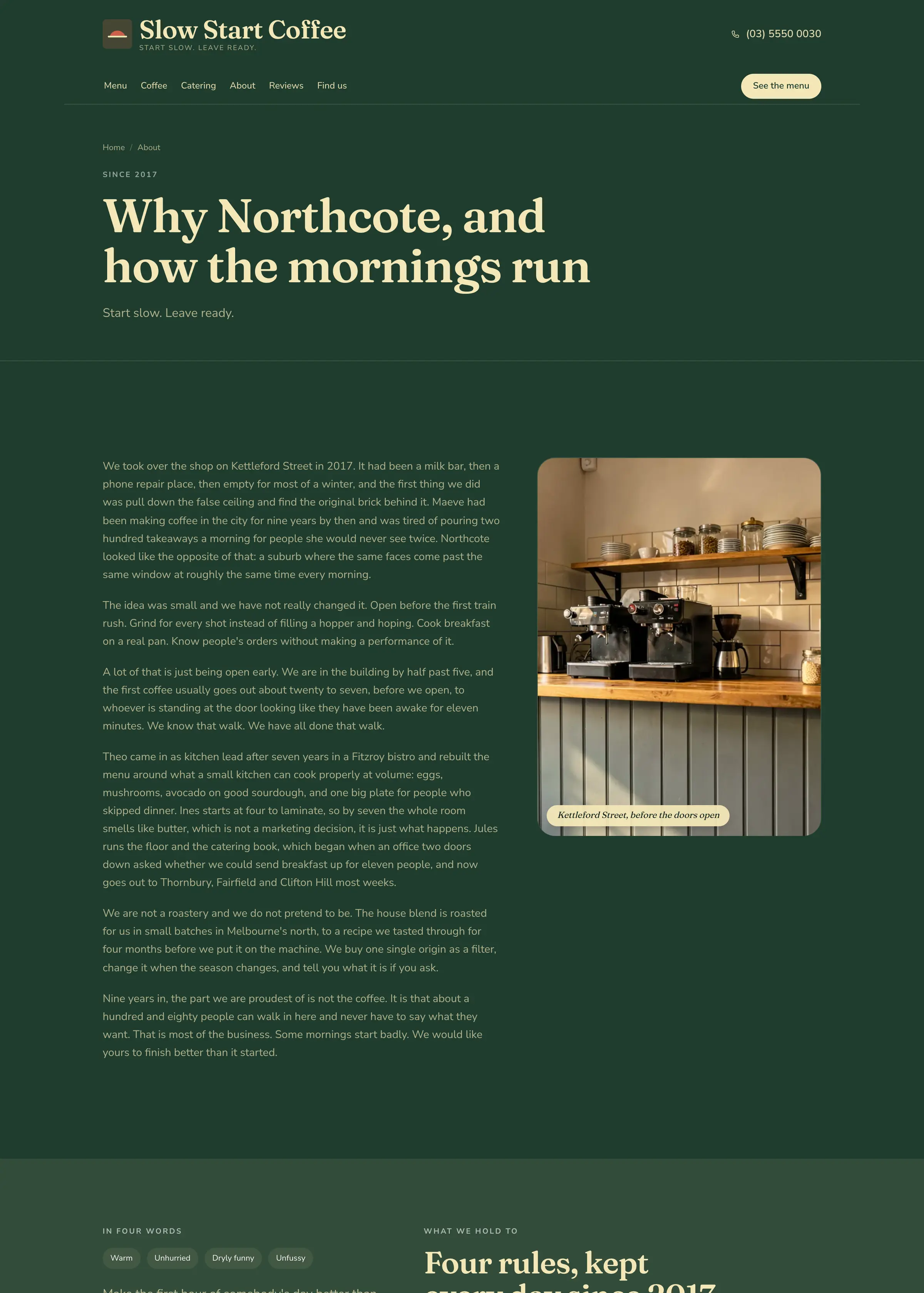 Slow Start Coffee website, an inner page, desktop