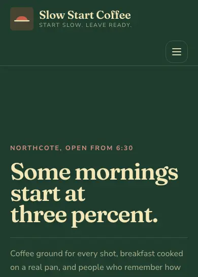 Slow Start Coffee website, home page, mobile