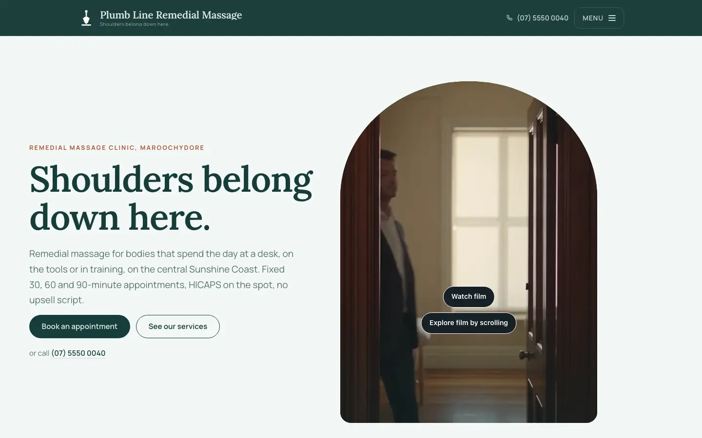 Plumb Line Remedial Massage website, home page, desktop