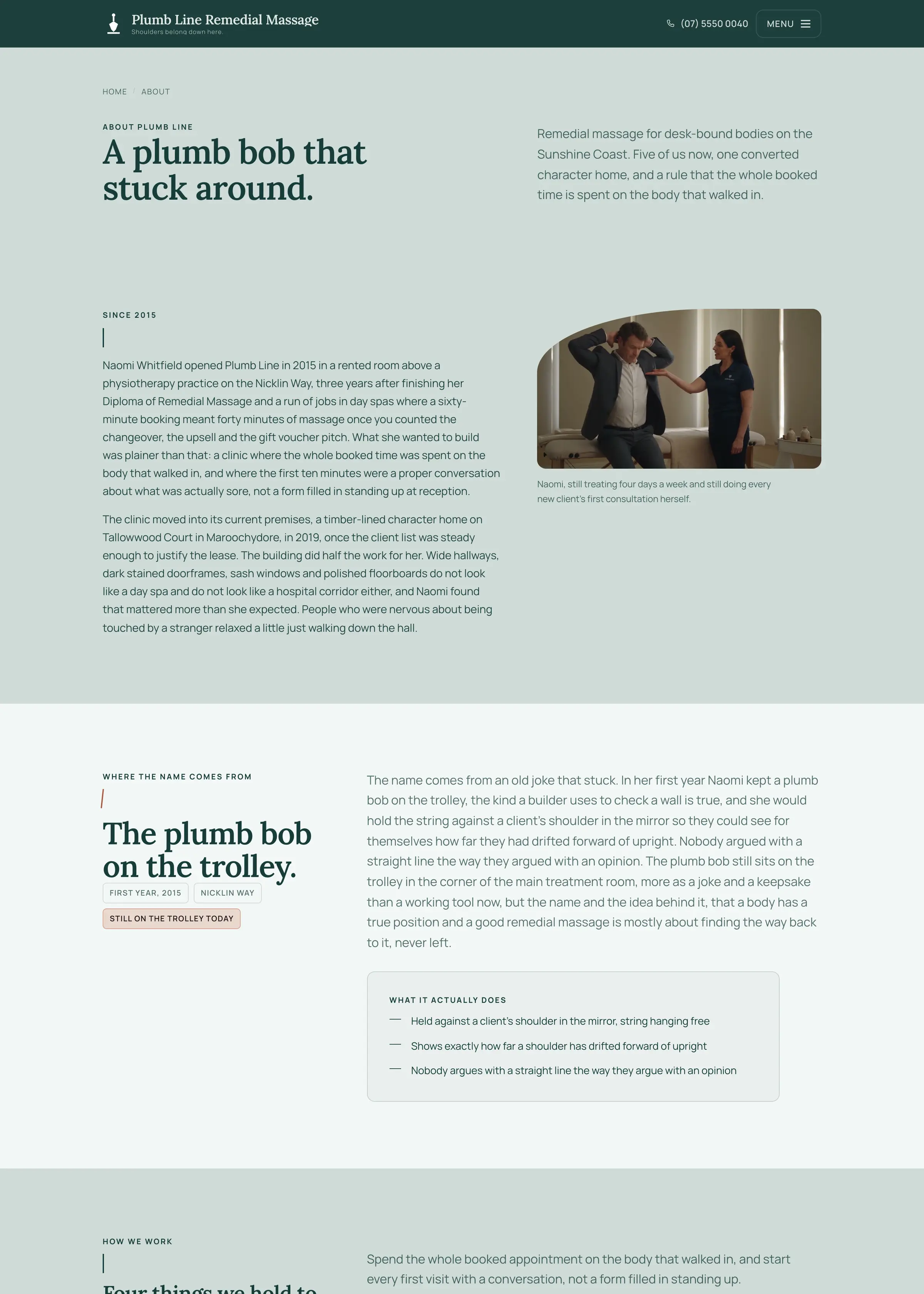 Plumb Line Remedial Massage website, an inner page, desktop
