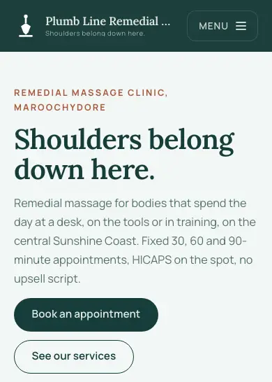 Plumb Line Remedial Massage website, home page, mobile