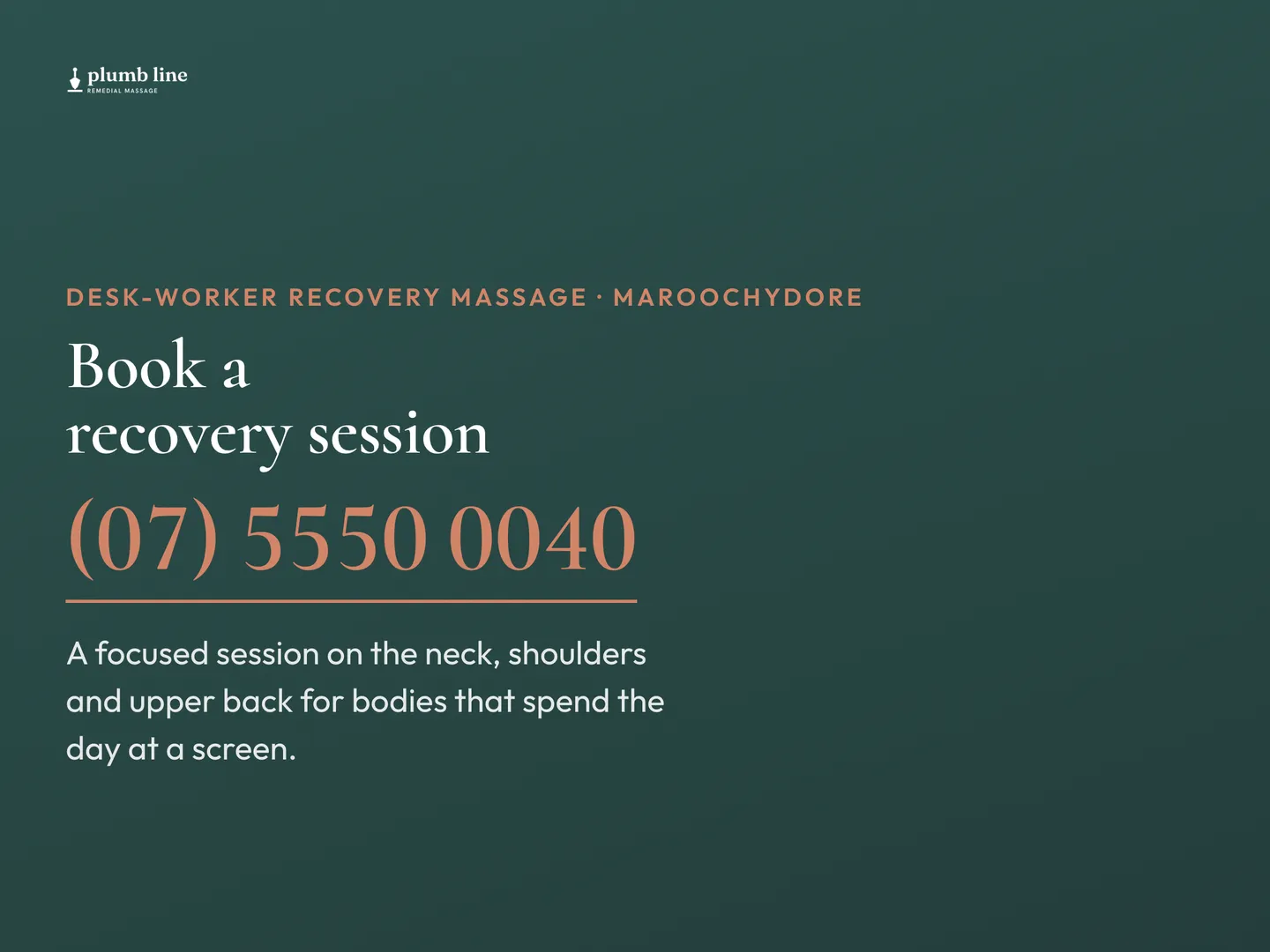 Plumb Line Remedial Massage social post: A focused session on the neck, shoulders and upper back for bodies that spend the day at a screen. Book a recovery session. Call (07) 5550 0…