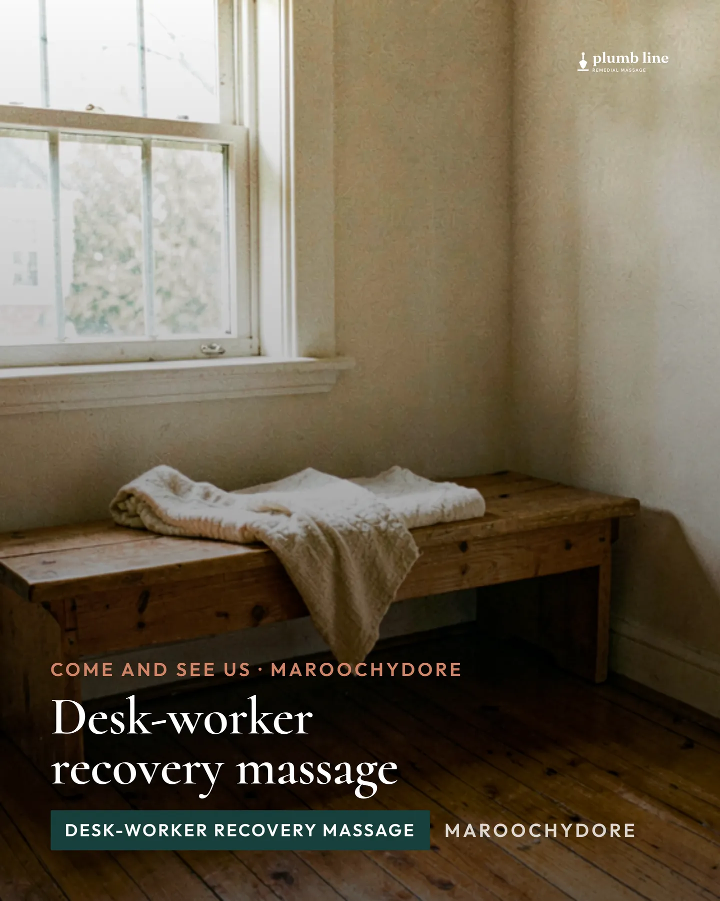 Plumb Line Remedial Massage social post: A focused session on the neck, shoulders and upper back for bodies that spend the day at a screen. Plumb Line Remedial Massage is a fictiona…