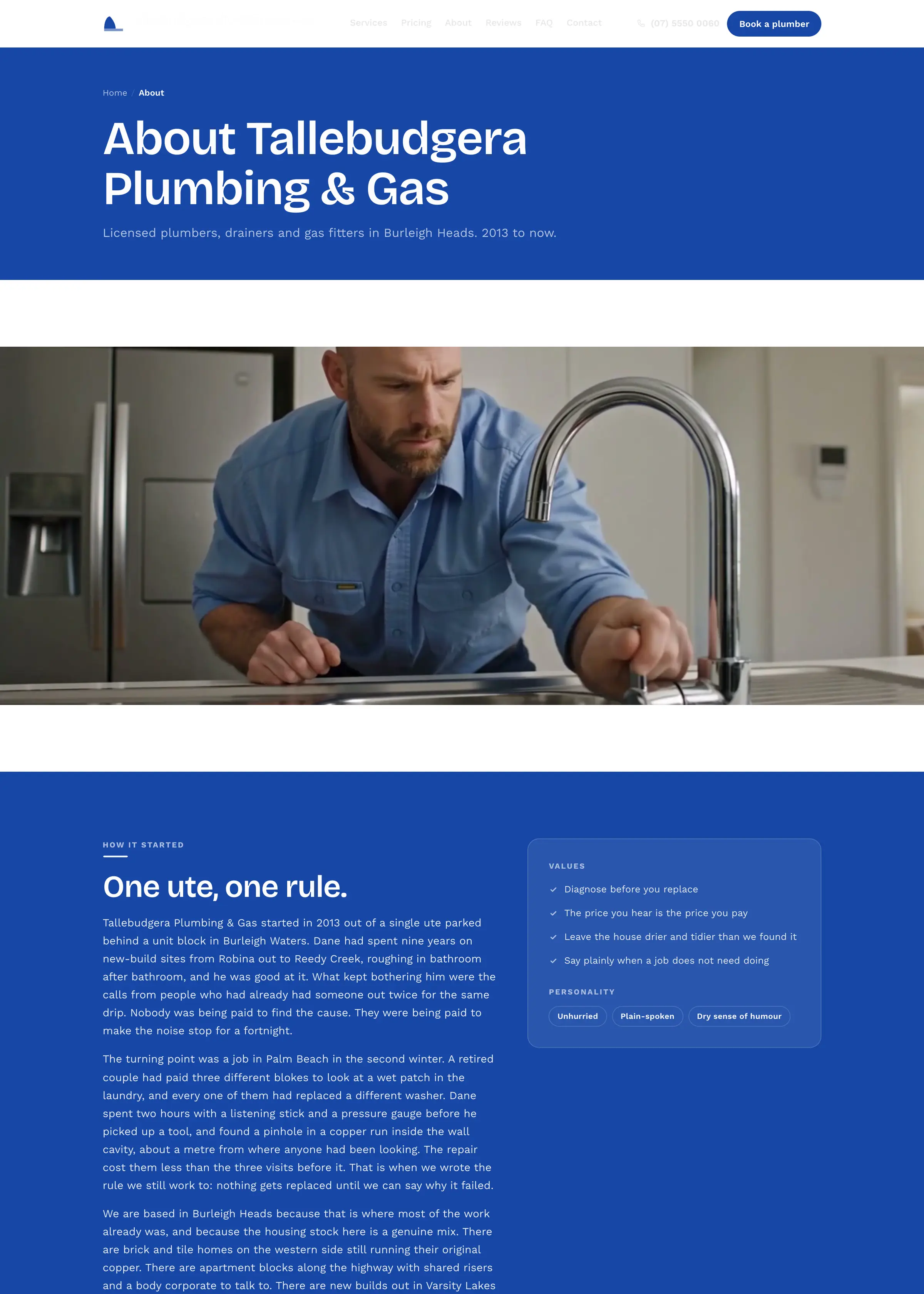 Tallebudgera Plumbing & Gas website, an inner page, desktop