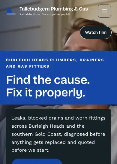Tallebudgera Plumbing & Gas website, home page, mobile