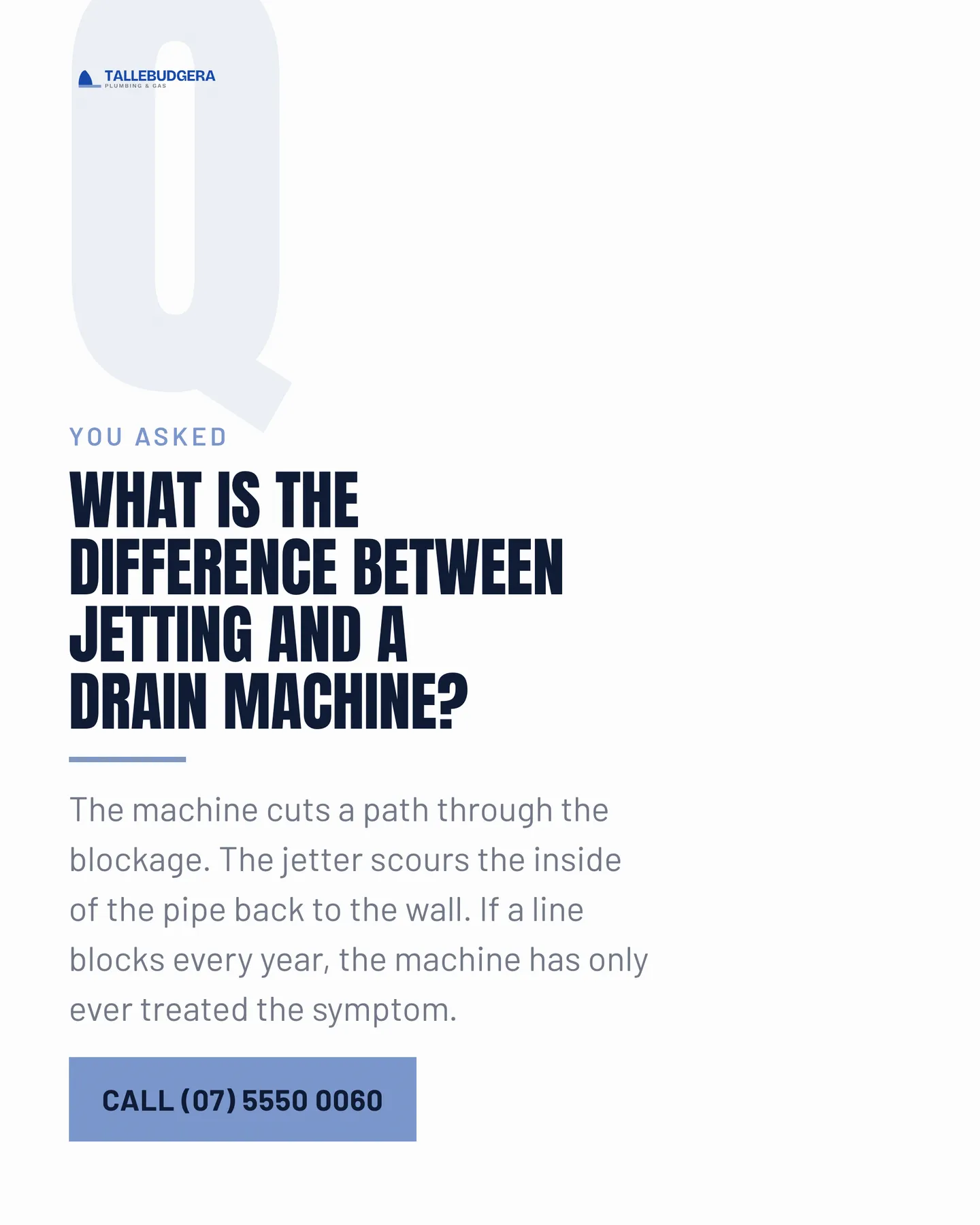Tallebudgera Plumbing & Gas social post: What is the difference between jetting and a drain machine? The machine cuts a path through the blockage. The jetter scours the inside of th…
