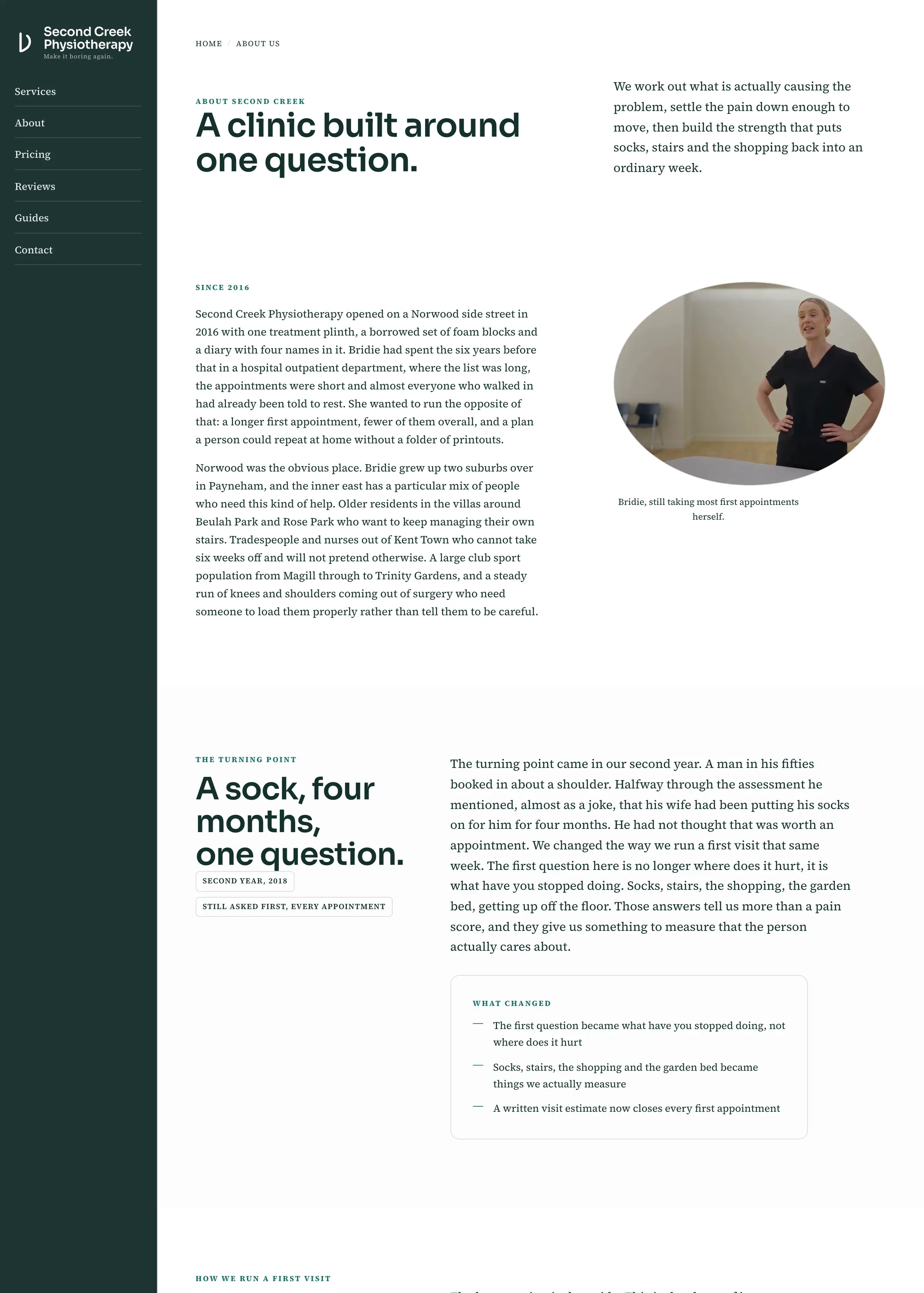 Second Creek Physiotherapy website, an inner page, desktop