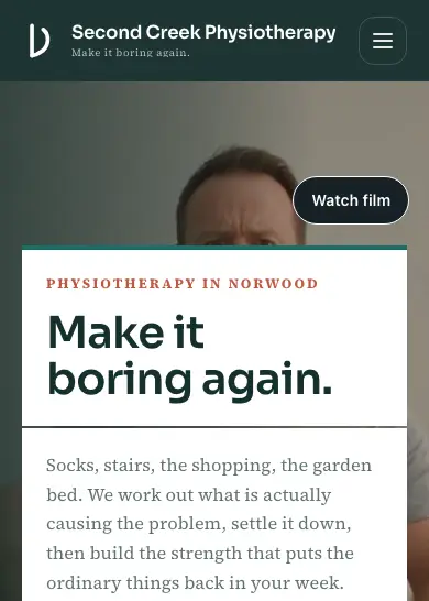 Second Creek Physiotherapy website, home page, mobile