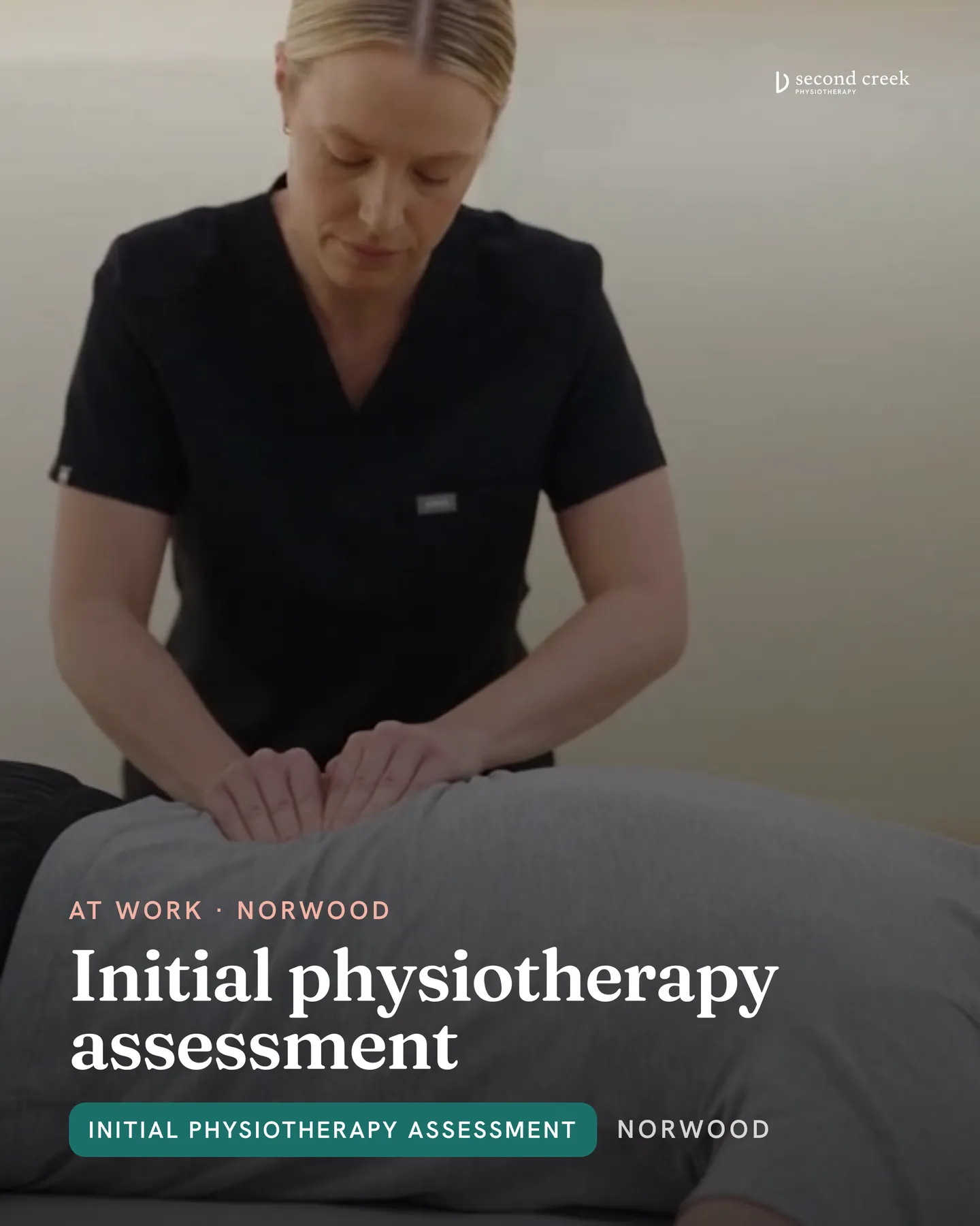 Second Creek Physiotherapy social post: Forty-five minutes to work out what is actually driving the problem, not just where it hurts. Second Creek Physiotherapy is a fictional demo…