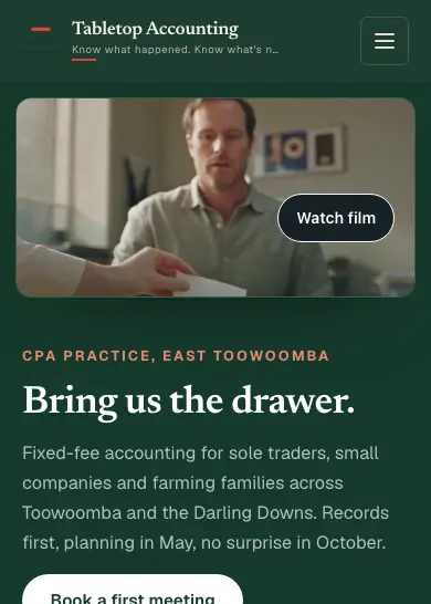 Tabletop Accounting website, home page, mobile