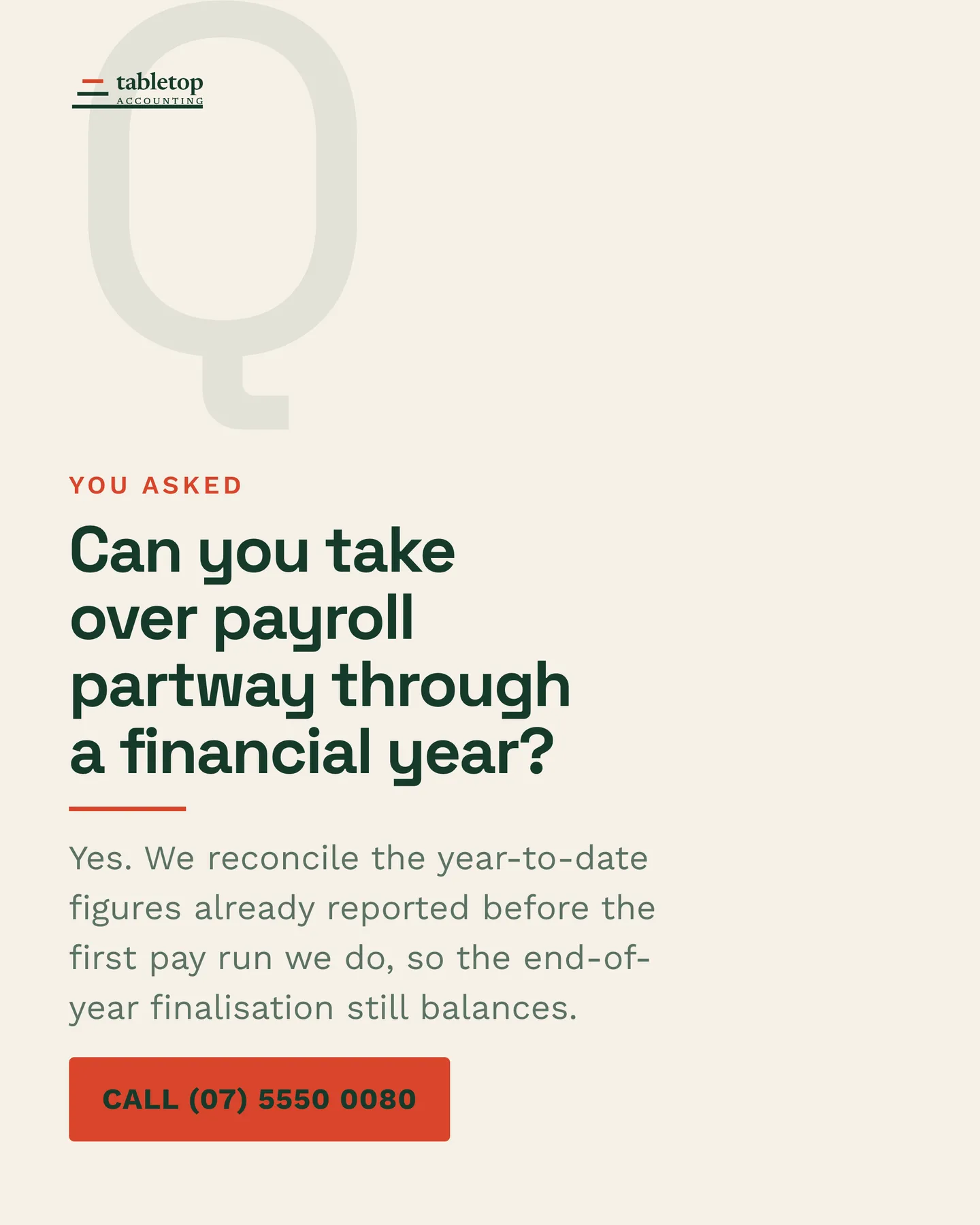 Tabletop Accounting social post: Can you take over payroll partway through a financial year? Yes. We reconcile the year-to-date figures already reported before the first pay…