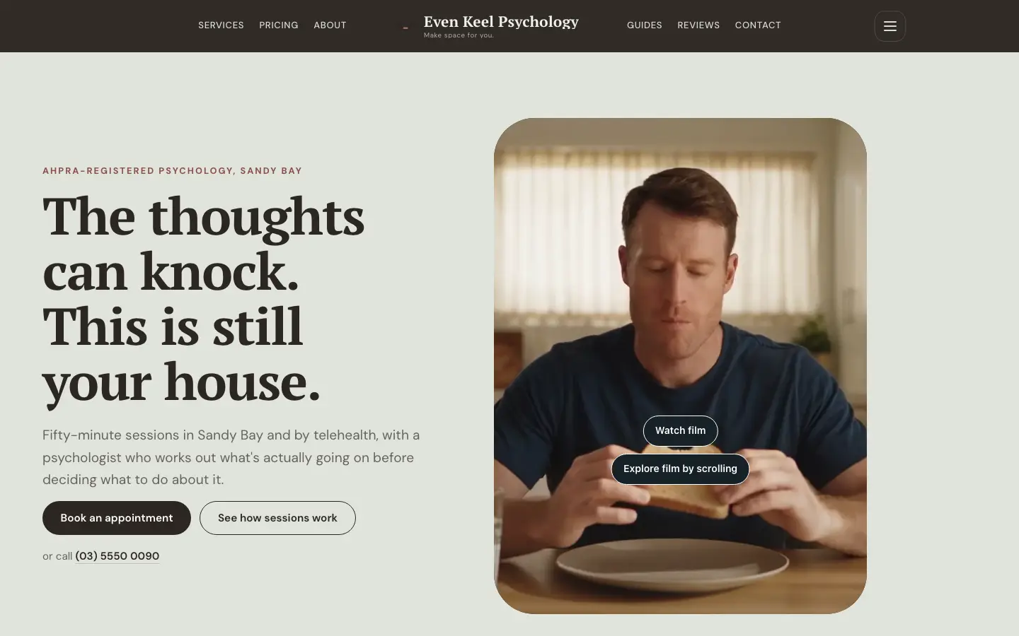 Even Keel Psychology website, home page, desktop