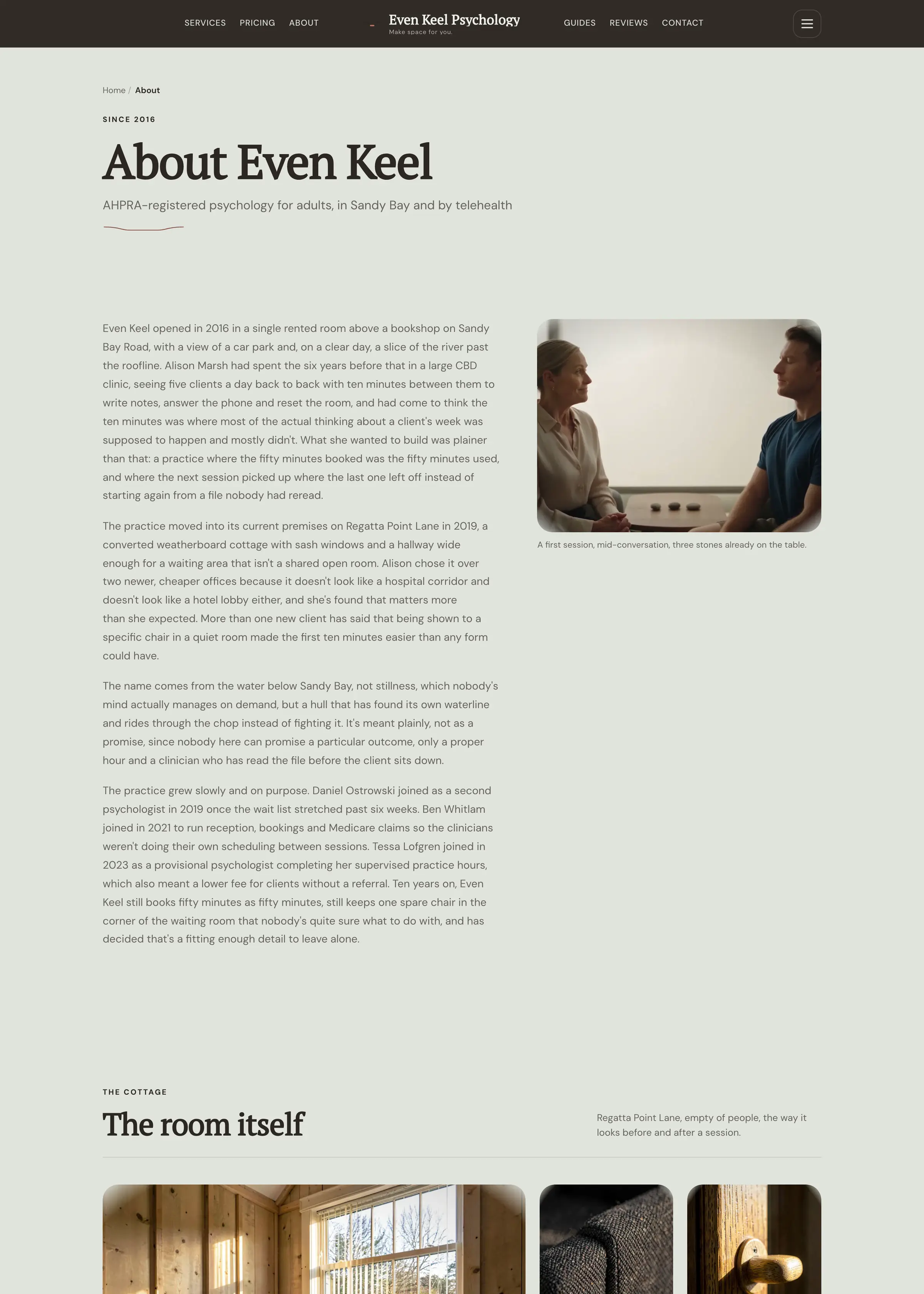 Even Keel Psychology website, an inner page, desktop