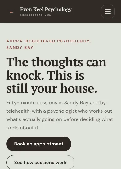 Even Keel Psychology website, home page, mobile