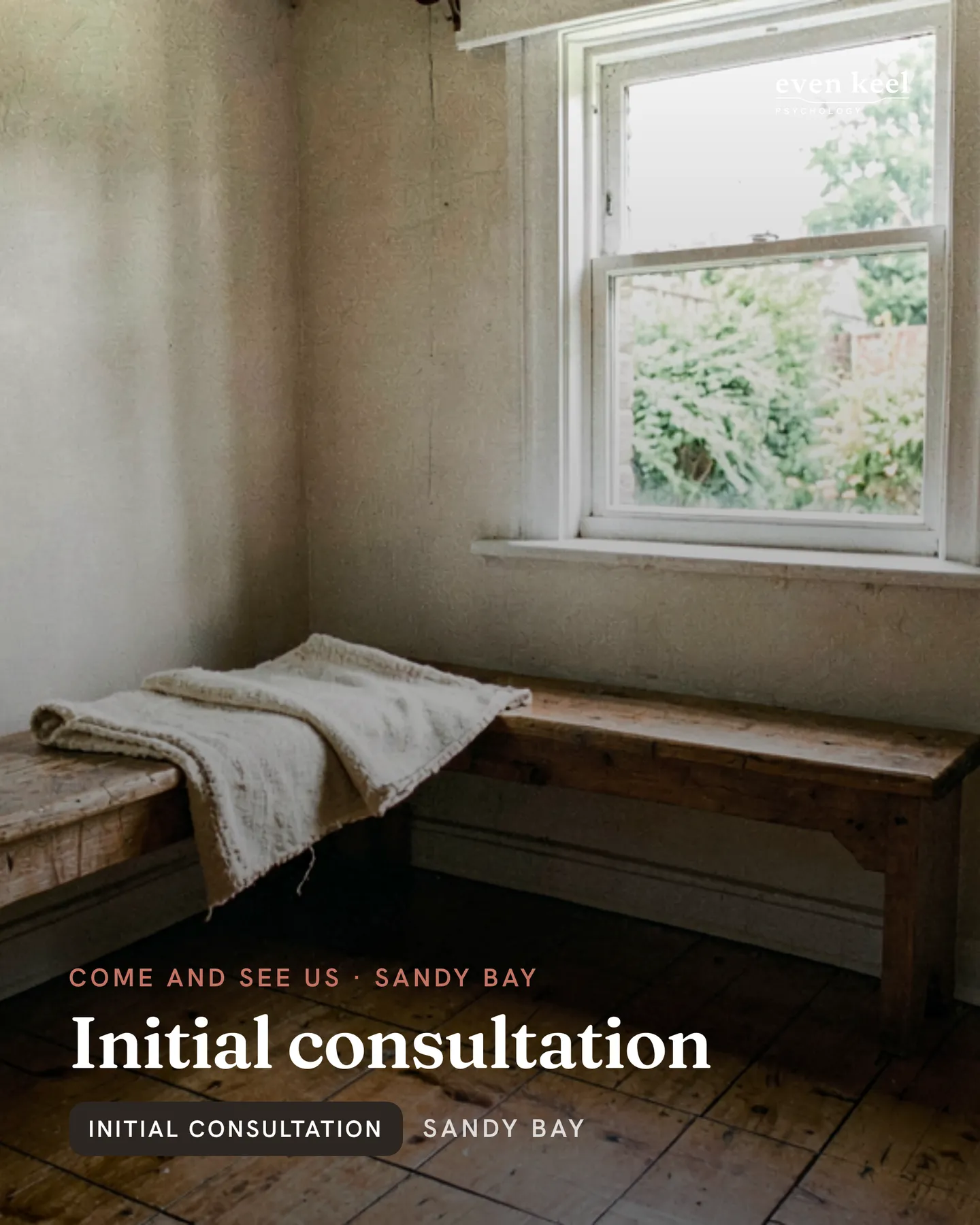 Even Keel Psychology social post: A fifty-minute first session to talk through what's going on, relevant history and what you want out of therapy, ending with a plain-languag…
