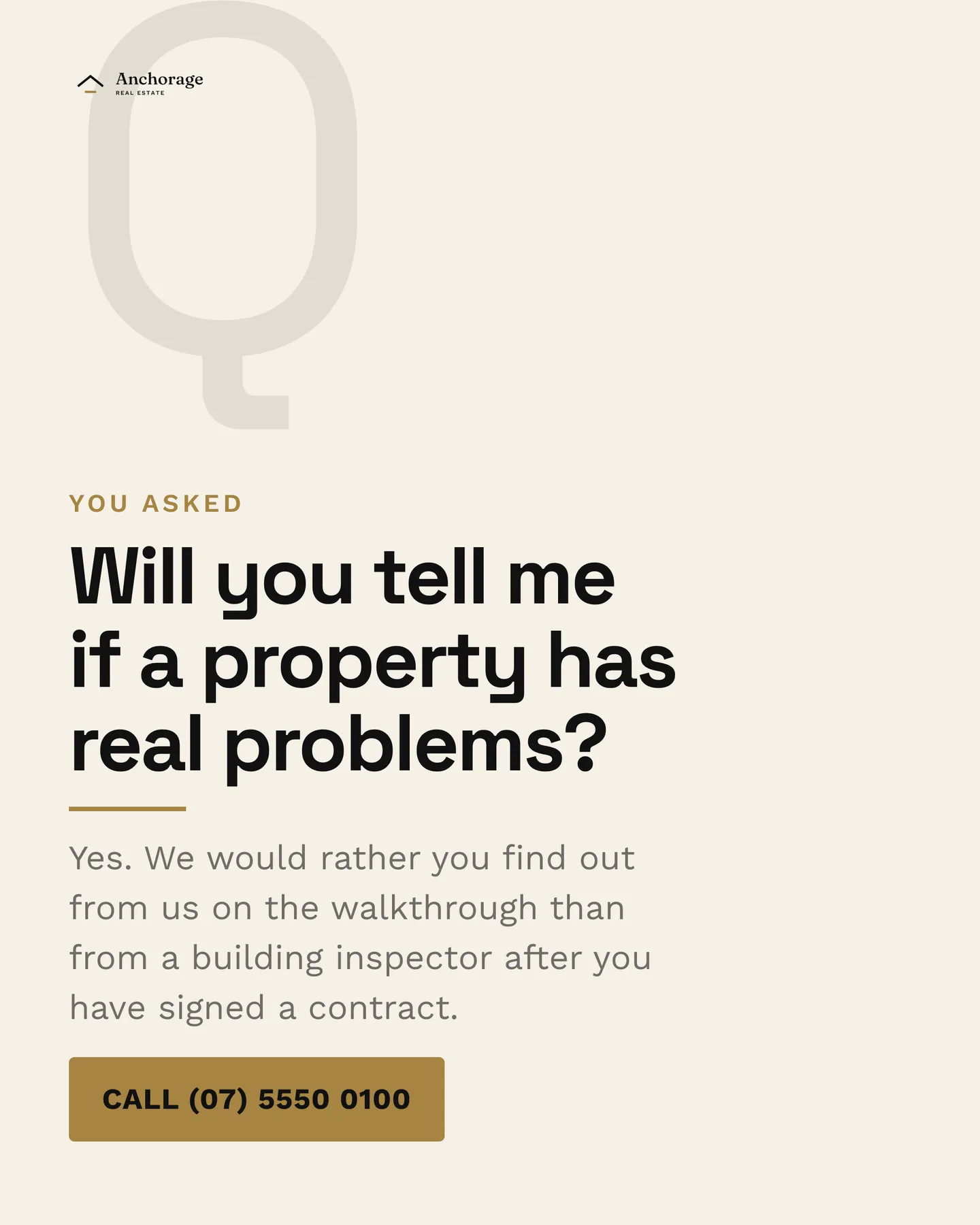Anchorage Real Estate social post: Will you tell me if a property has real problems? Yes. We would rather you find out from us on the walkthrough than from a building inspecto…