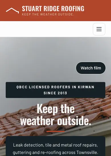 Stuart Ridge Roofing website, home page, mobile