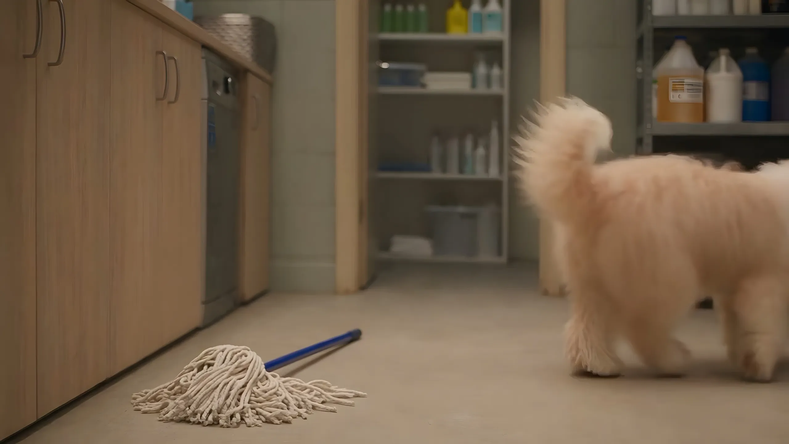 Still from The Walking Mop, the Mophead Dog Grooming ad film
