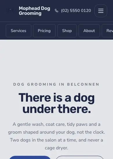 Mophead Dog Grooming website, home page, mobile