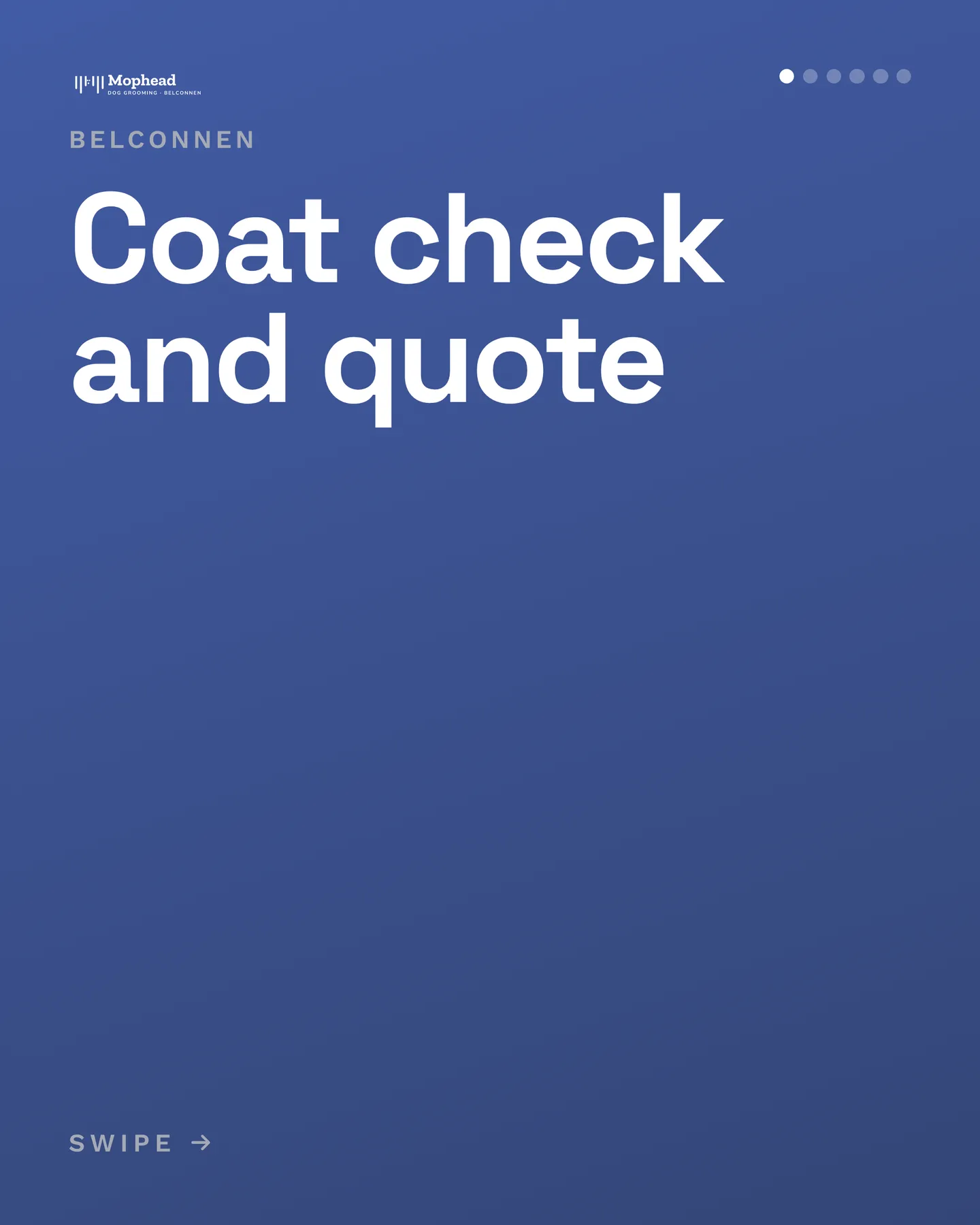 Mophead Dog Grooming social post: A free fifteen-minute look at your dog's coat so the price and the plan are agreed before any groom starts. 1. Meet your dog in the courtyar…