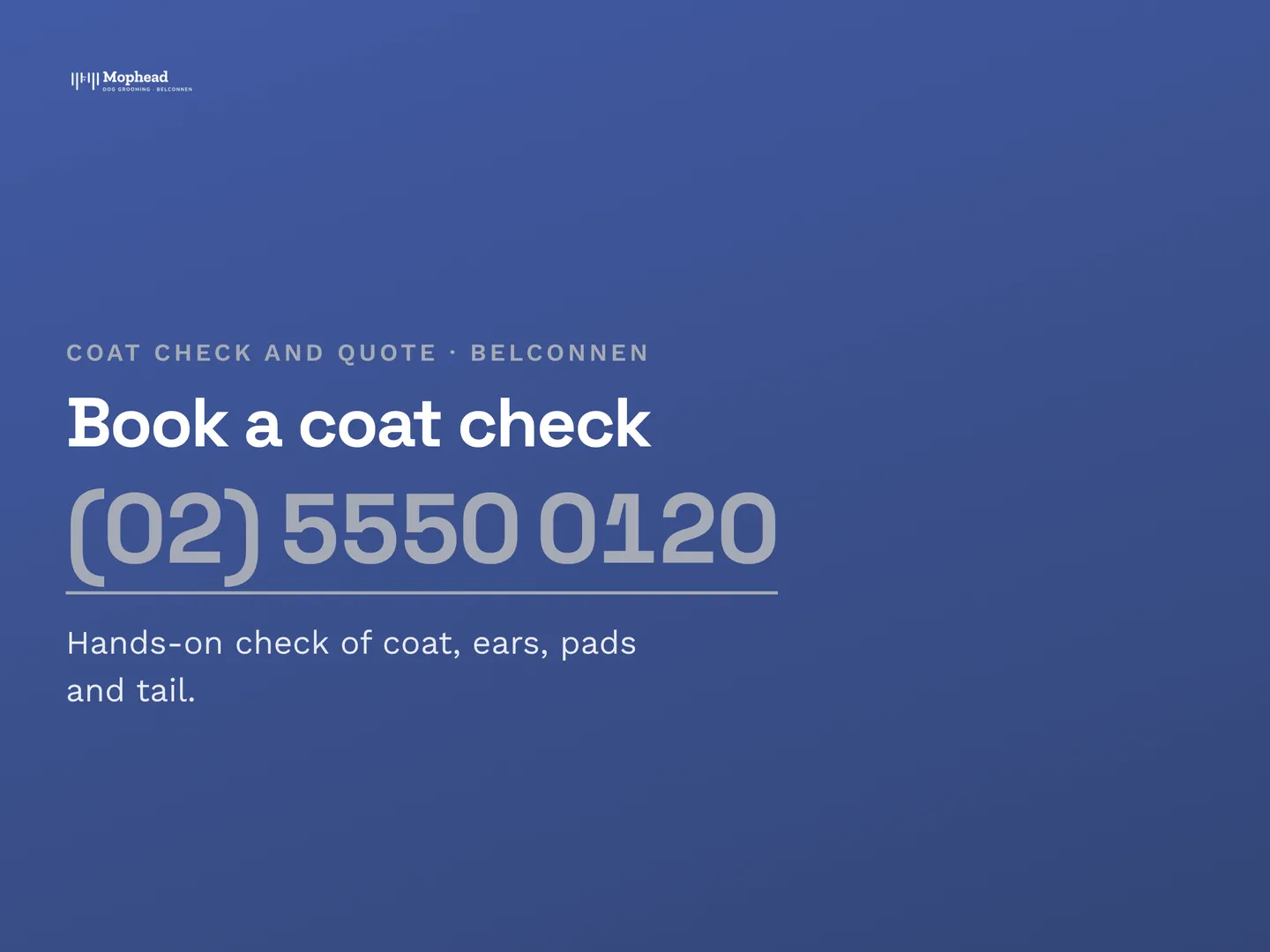 Mophead Dog Grooming social post: A free fifteen-minute look at your dog's coat so the price and the plan are agreed before any groom starts. Book a coat check. Call (02) 555…