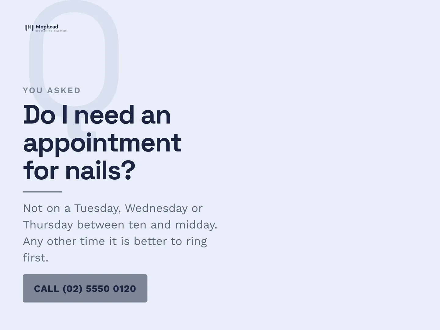 Mophead Dog Grooming social post: Do I need an appointment for nails? Not on a Tuesday, Wednesday or Thursday between ten and midday. Any other time it is better to ring firs…