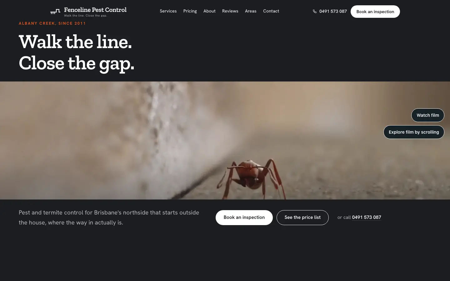 Fenceline Pest Control website, home page, desktop