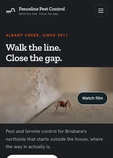 Fenceline Pest Control website, home page, mobile