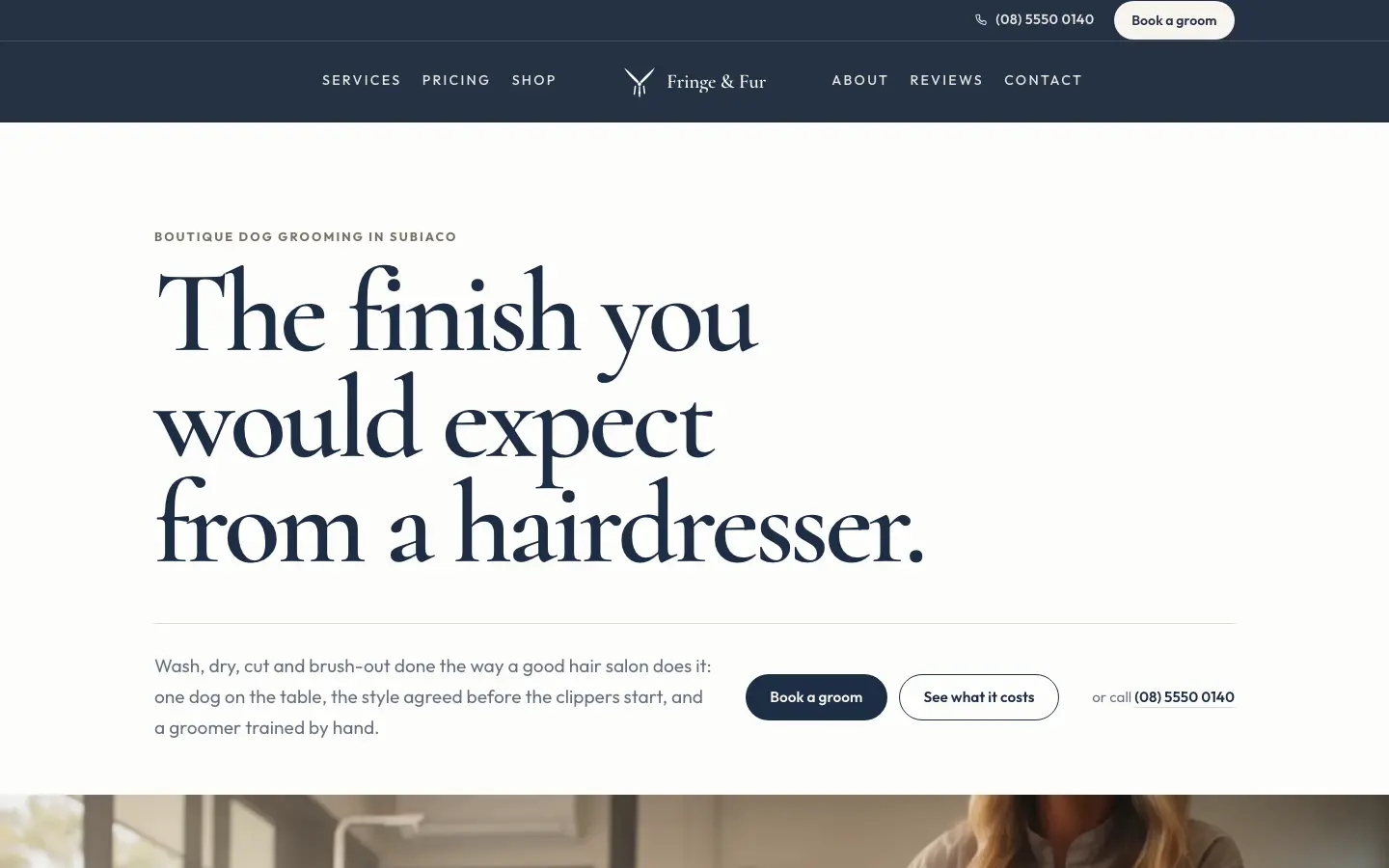 Fringe & Fur website, home page, desktop