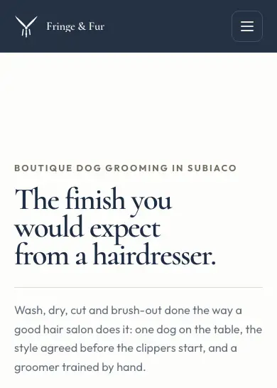 Fringe & Fur website, home page, mobile