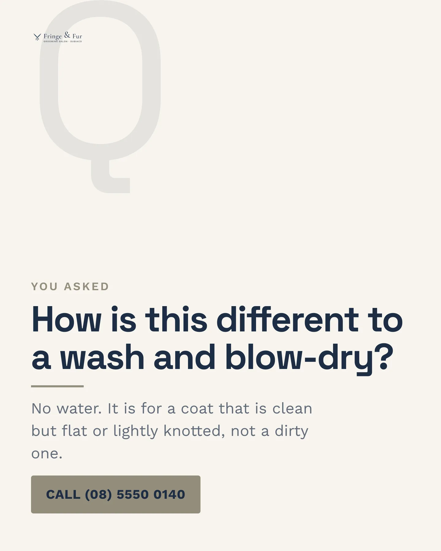 Fringe & Fur social post: How is this different to a wash and blow-dry? No water. It is for a coat that is clean but flat or lightly knotted, not a dirty one. Fringe…