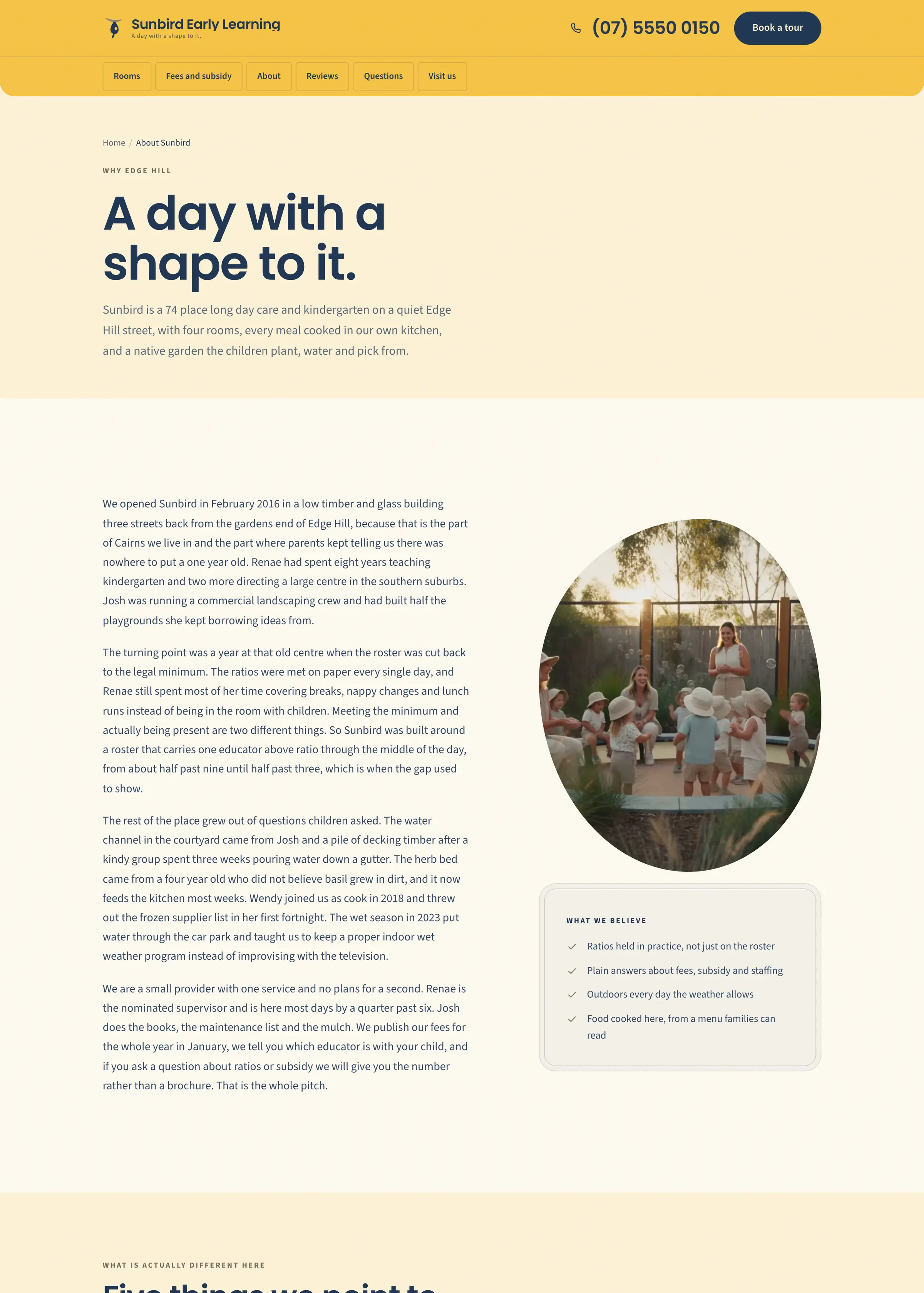 Sunbird Early Learning website, an inner page, desktop