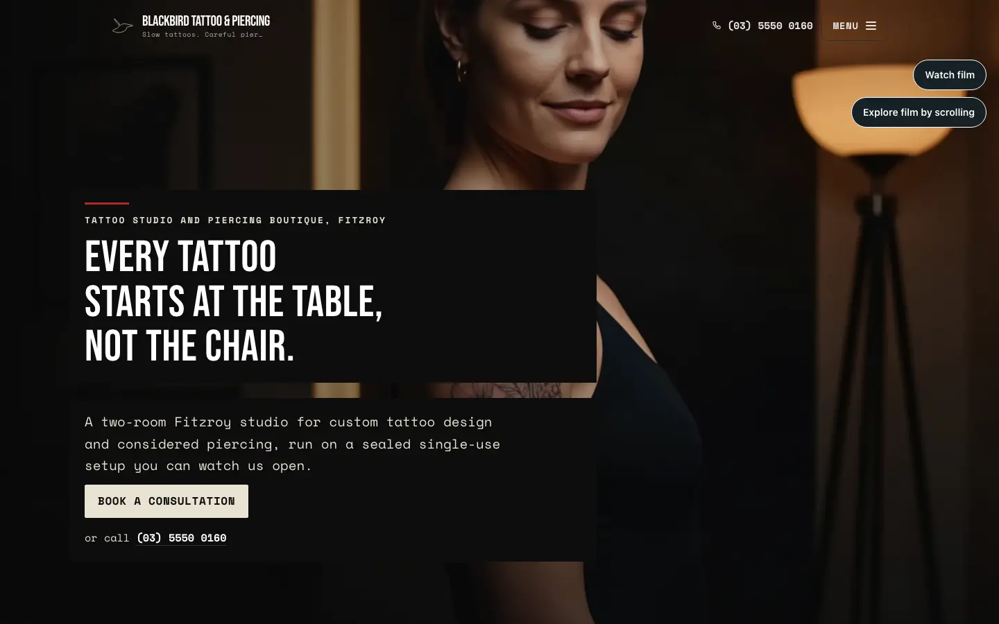 Blackbird Tattoo & Piercing website, home page, desktop