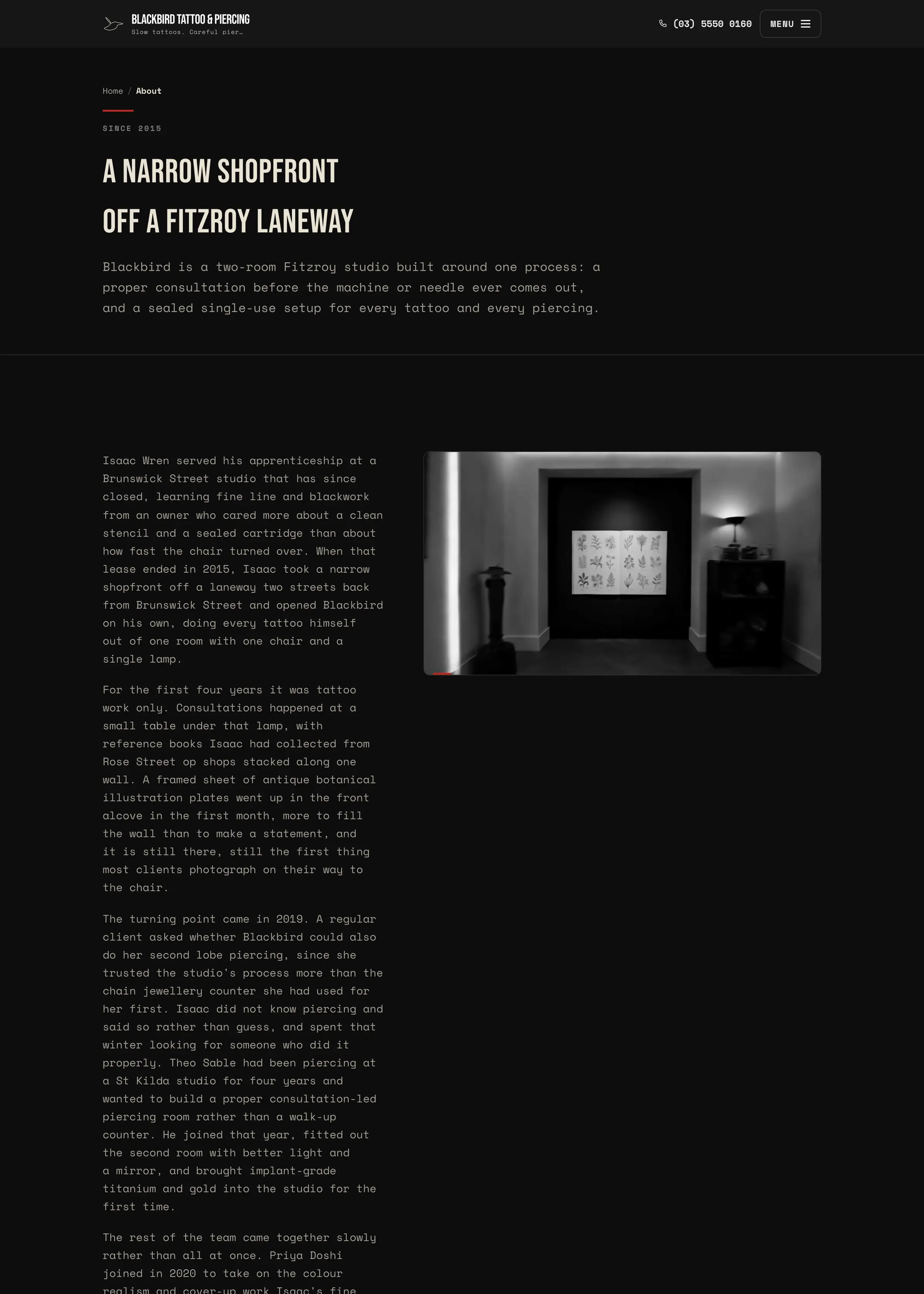 Blackbird Tattoo & Piercing website, an inner page, desktop