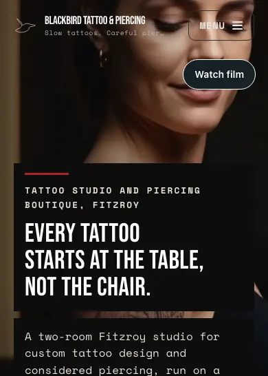Blackbird Tattoo & Piercing website, home page, mobile