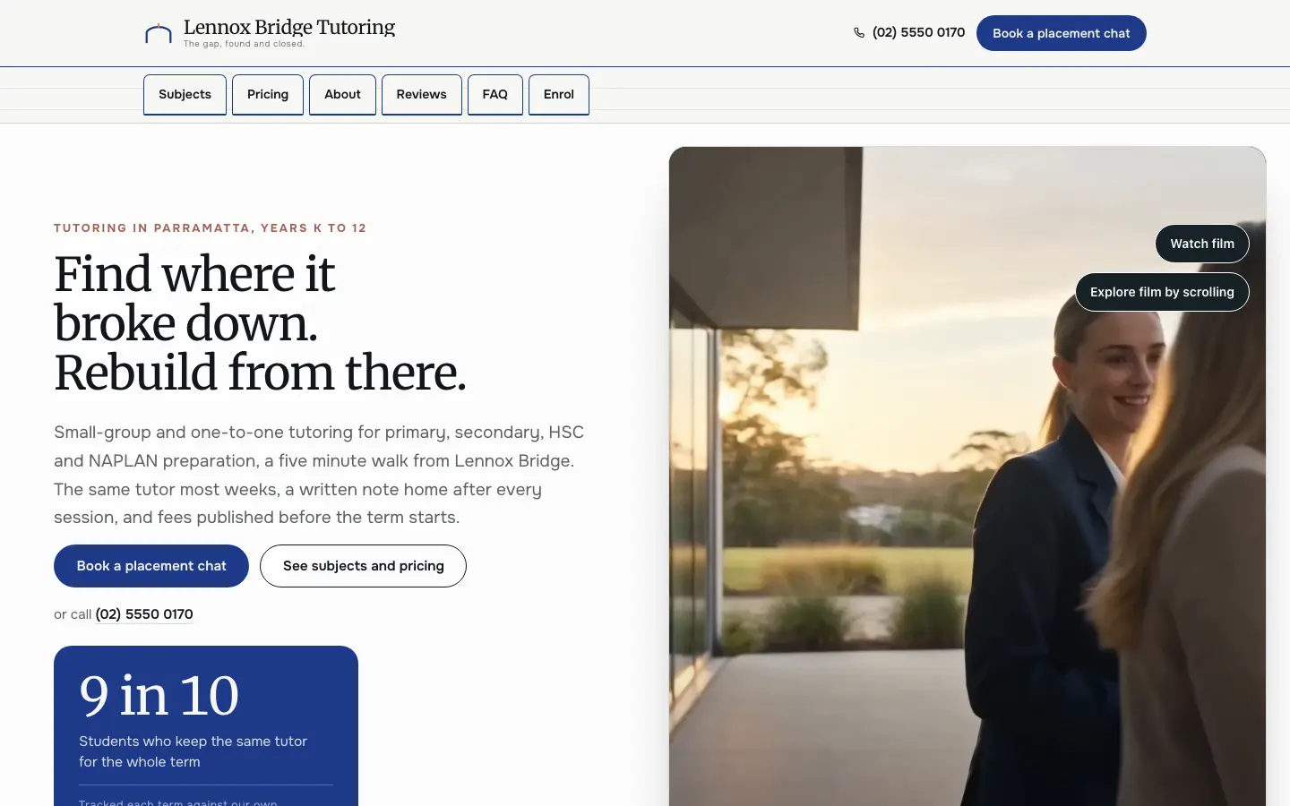 Lennox Bridge Tutoring website, home page, desktop