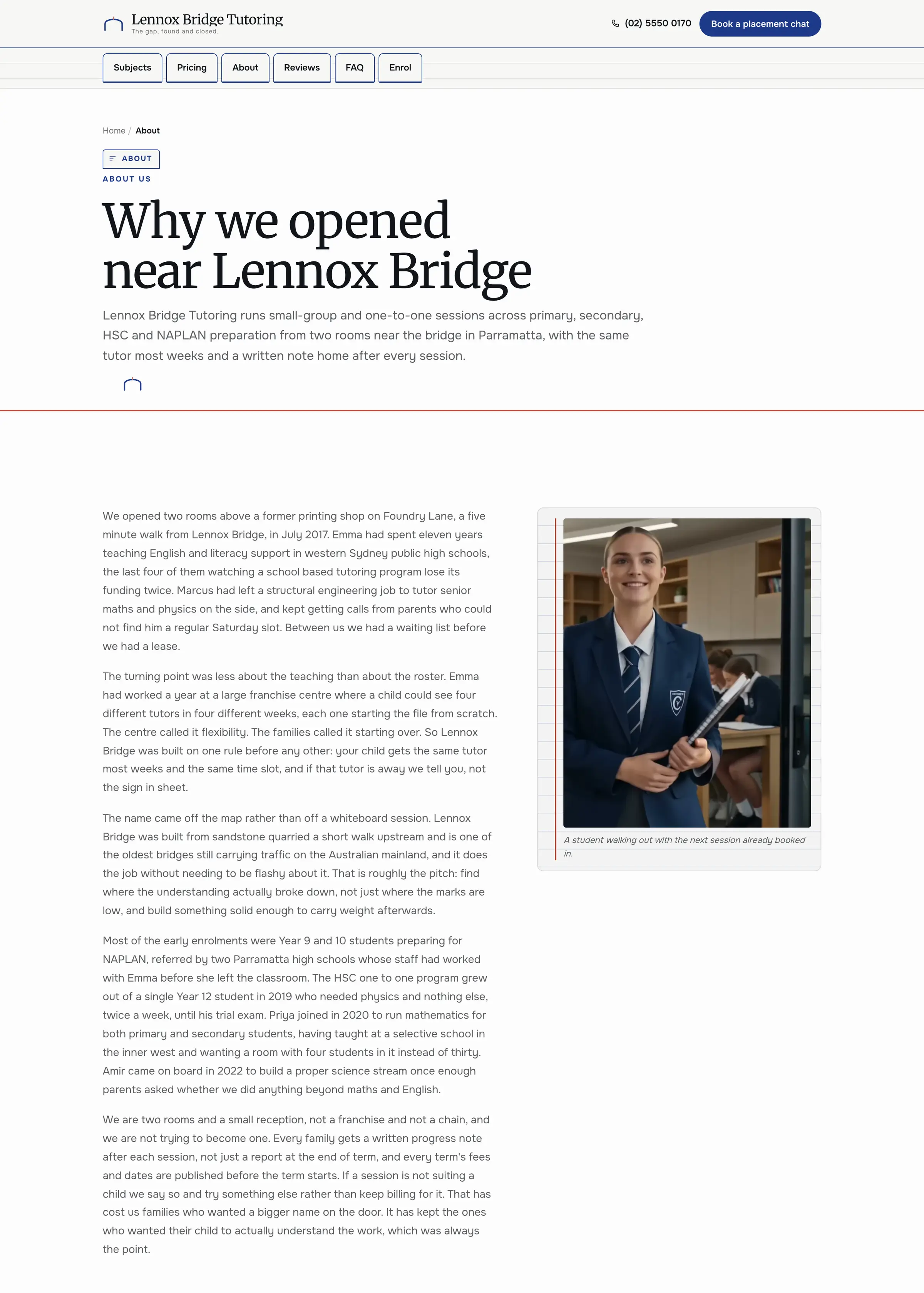 Lennox Bridge Tutoring website, an inner page, desktop