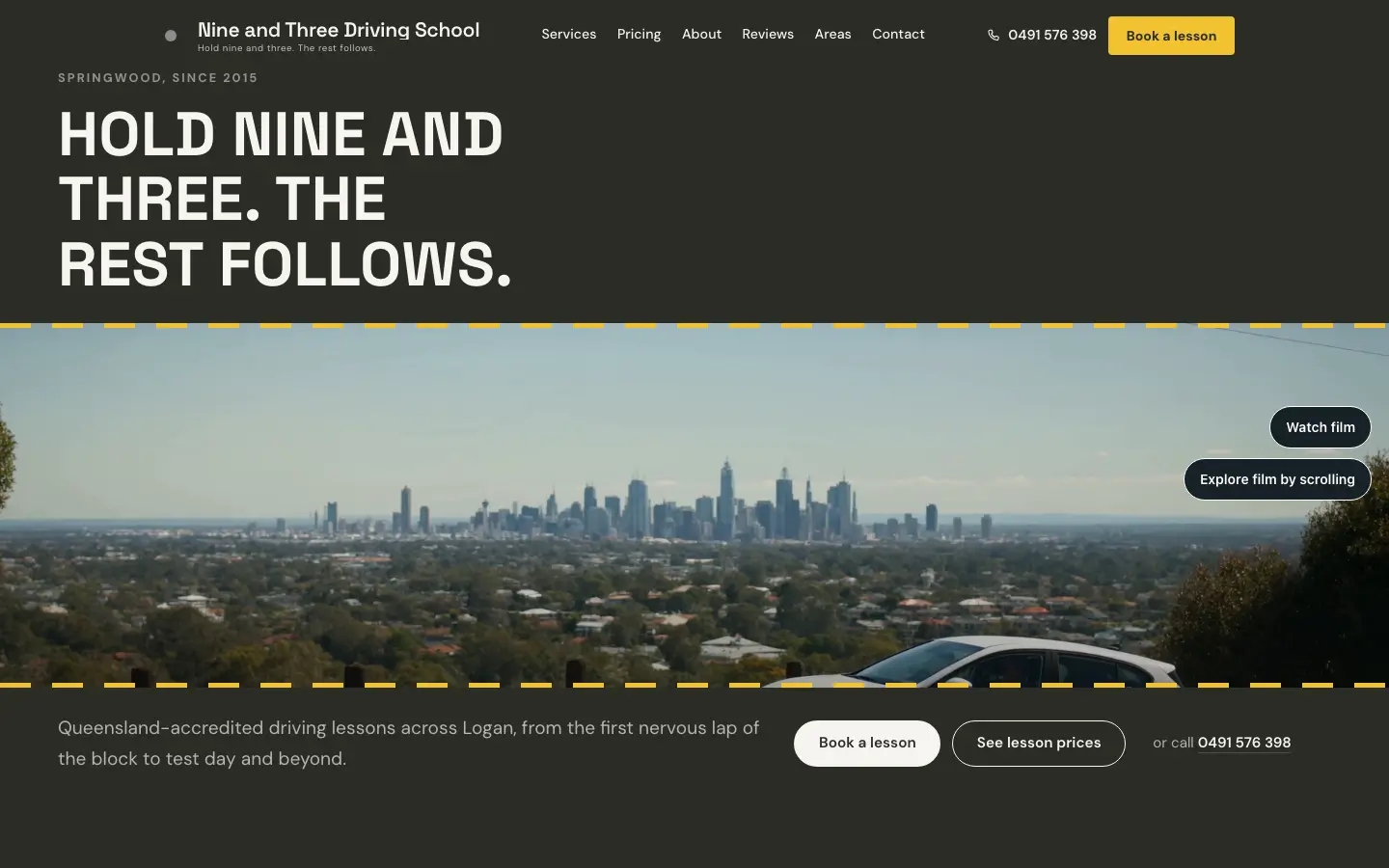 Nine and Three Driving School website, home page, desktop