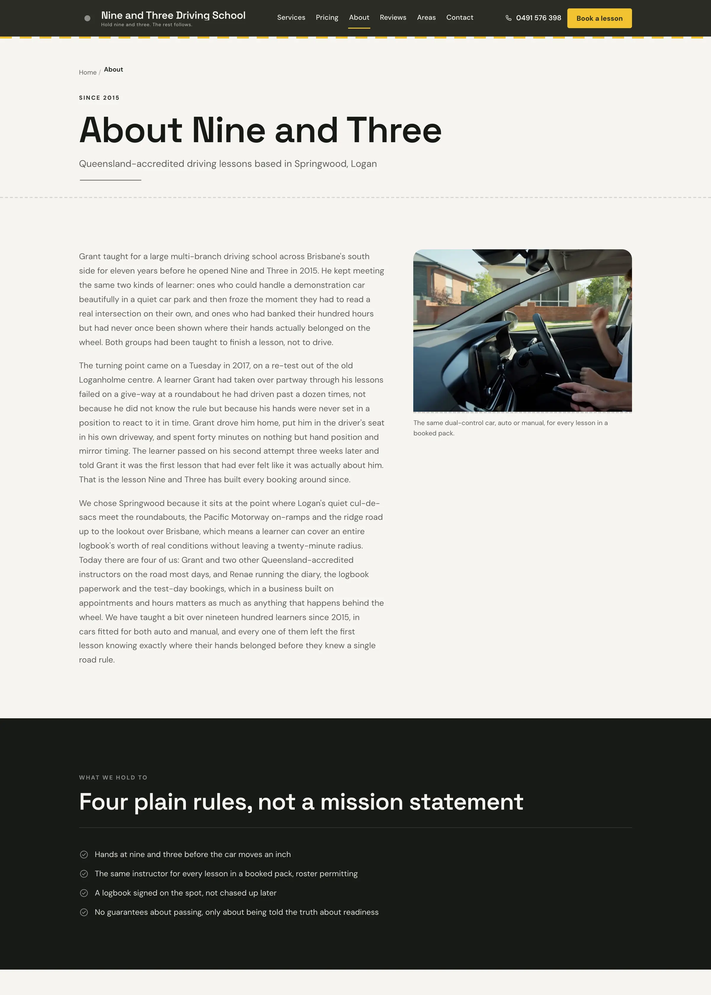 Nine and Three Driving School website, an inner page, desktop