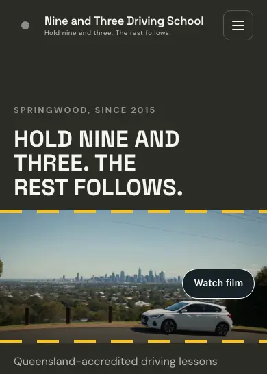 Nine and Three Driving School website, home page, mobile