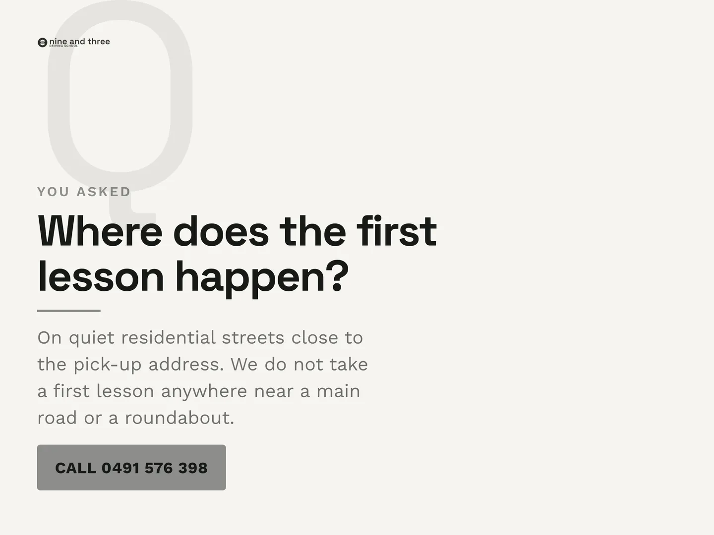 Nine and Three Driving School social post: Where does the first lesson happen? On quiet residential streets close to the pick-up address. We do not take a first lesson anywhere near a…