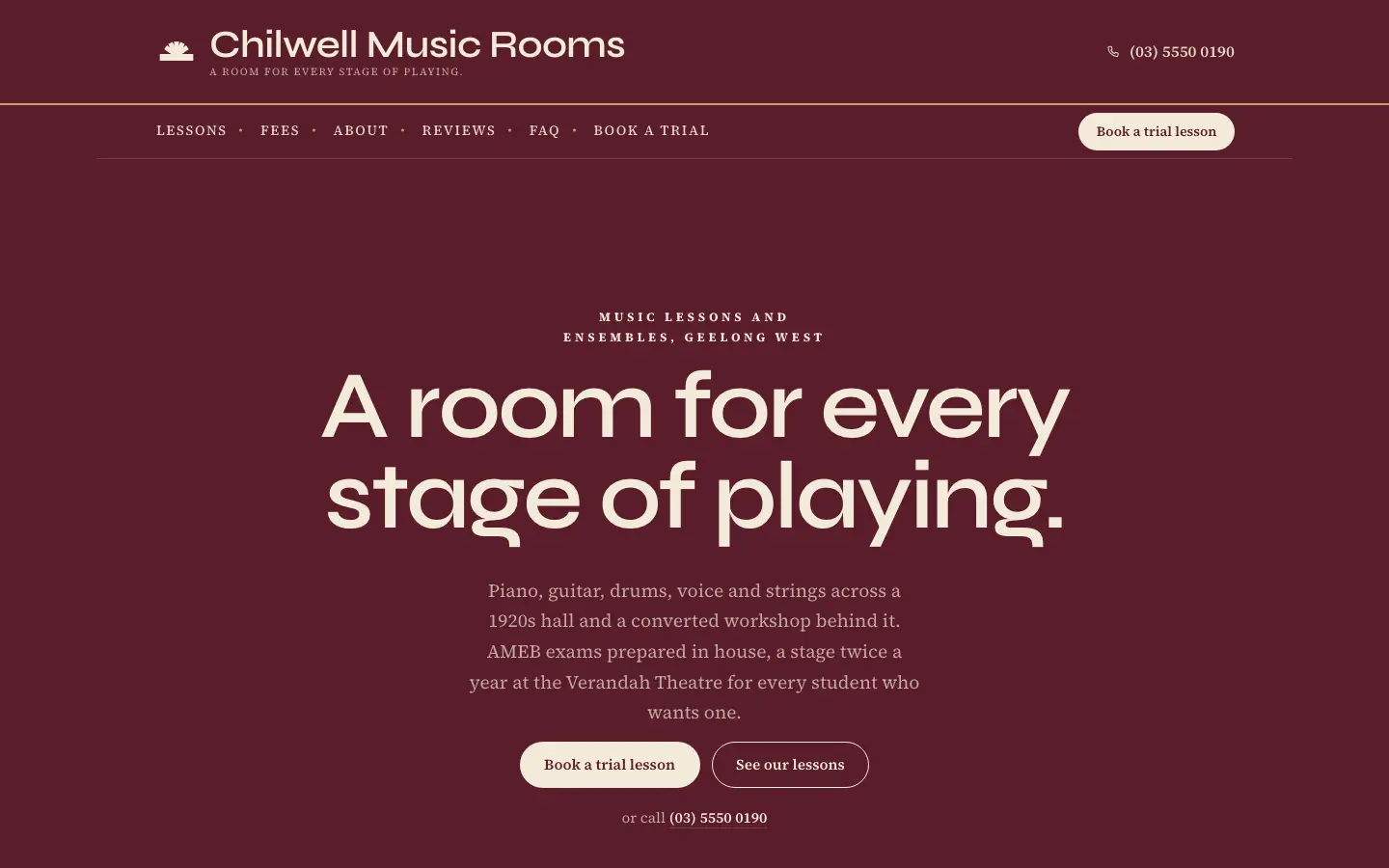 Chilwell Music Rooms website, home page, desktop